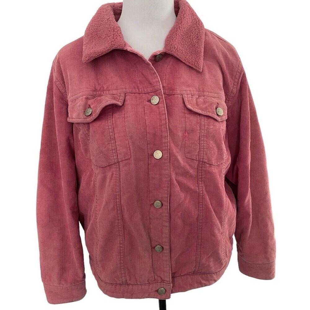Western Cowgirl rancher Pink Corduroy Jean Jacket Sherpa Trim Womens L, READ